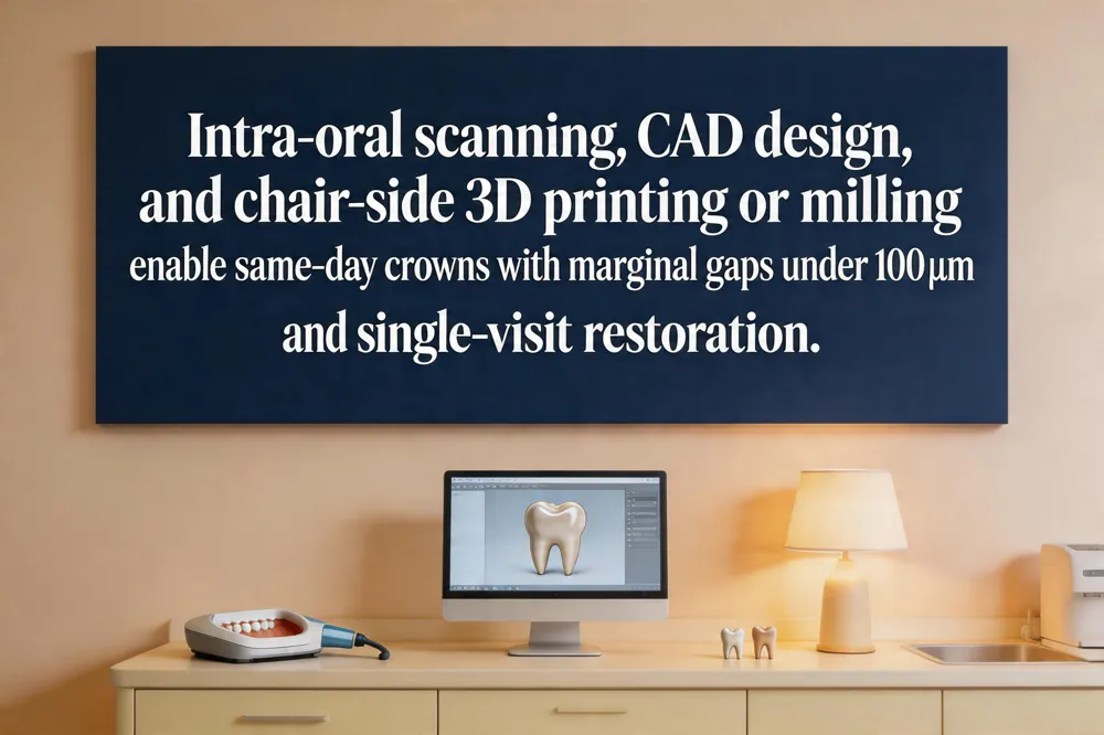 Intra‑oral scanning, CAD design, and chair‑side 3D printing or milling enable same‑day crowns with marginal gaps under 100 µm and single‑visit restoration.
