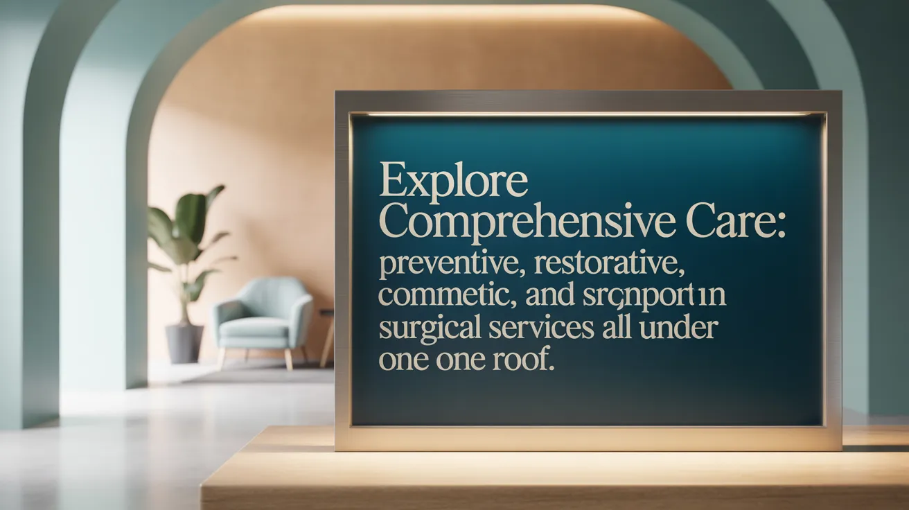 Explore comprehensive care: preventive, restorative, cosmetic, orthodontic, and surgical services all under one roof.