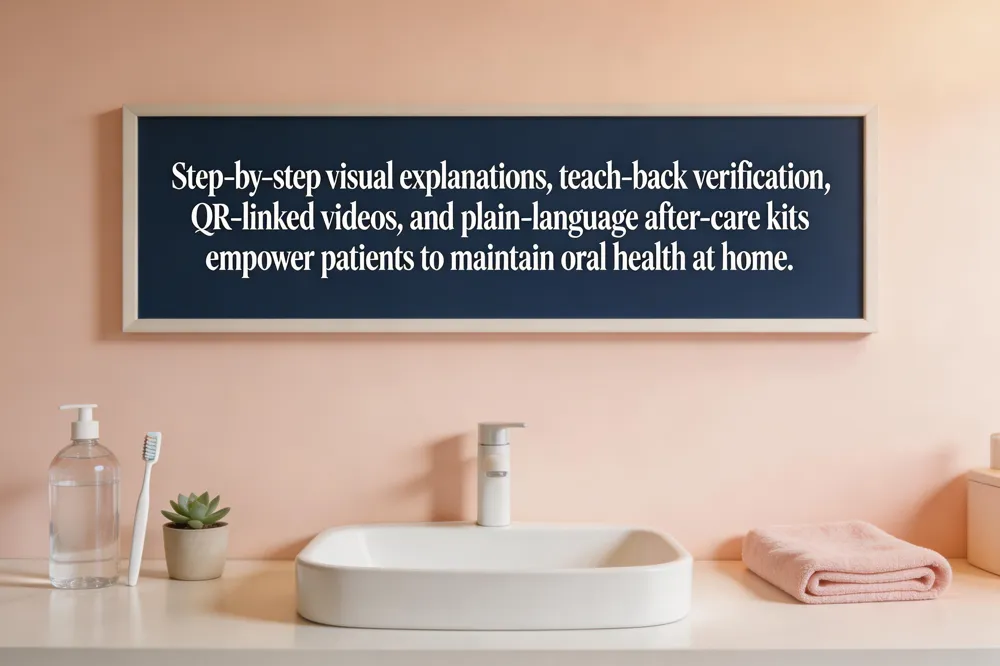 Step‑by‑step visual explanations, teach‑back verification, QR‑linked videos, and plain‑language after‑care kits empower patients to maintain oral health at home.