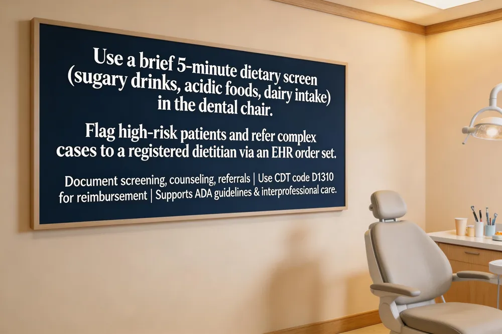 Use a brief 5‑minute dietary screen (sugary drinks, acidic foods, dairy intake) in the dental chair. Flag high‑risk patients and refer complex cases to a registered dietitian via an EHR order set. Document screening, counseling, referrals, and use CDT code D1310 for reimbursement. This routine integration supports interprofessional care and ADA guidelines.