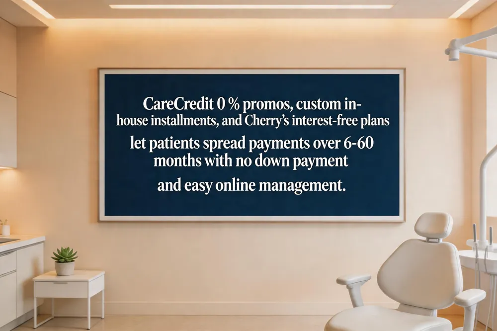 CareCredit 0 % promos, custom in‑house installments, and Cherry’s interest‑free plans let patients spread payments over 6‑60 months with no down payment and easy online management.