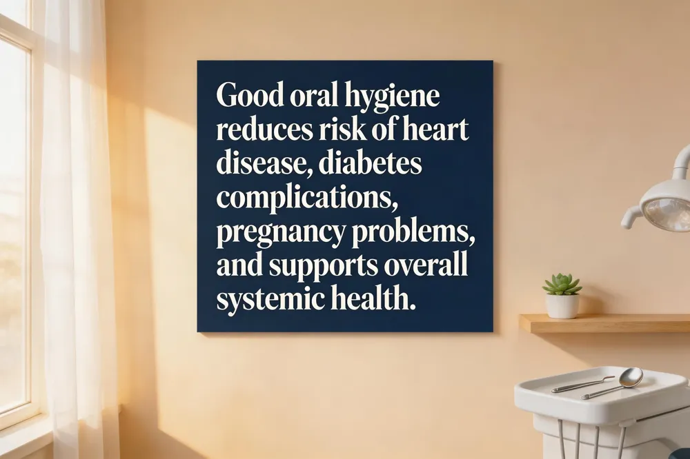 Good oral hygiene reduces risk of heart disease, diabetes complications, pregnancy problems, and supports overall systemic health.