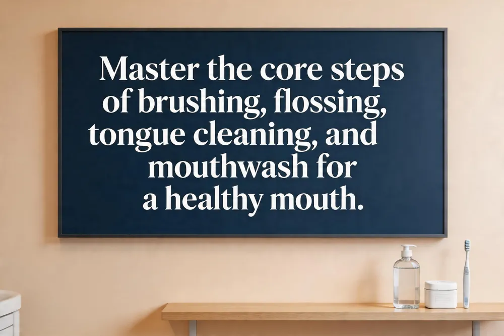 Master the core steps of brushing, flossing, tongue cleaning, and mouthwash for a healthy mouth.