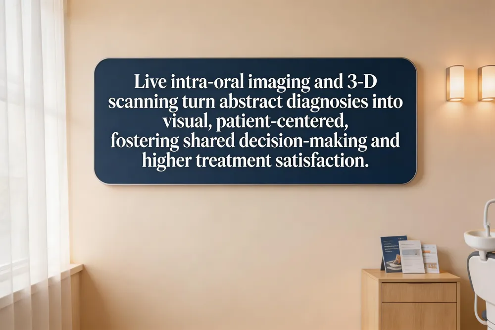 Live intra‑oral imaging and 3‑D scanning turn abstract diagnoses into visual, patient‑centered,, fostering shared decision‑making and higher treatment satisfaction.