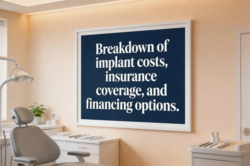 Breakdown of implant costs, insurance coverage, and financing options.