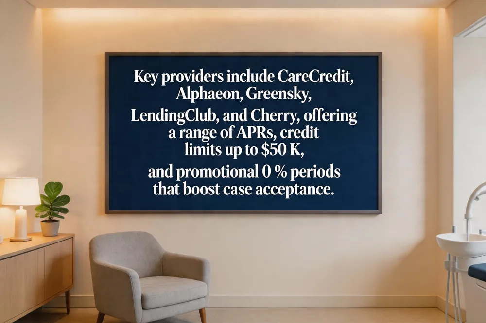 Key providers include CareCredit, Alphaeon, Greensky, LendingClub, and Cherry, offering a range of APRs, credit limits up to $50 K, and promotional 0 % periods that boost case acceptance.