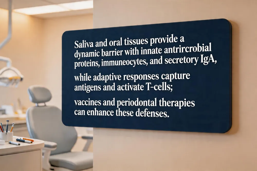 Saliva and oral tissues provide a dynamic barrier with innate antimicrobial proteins, immuneocytes, and secretory IgA, while adaptive responses capture antigens and activate T‑cells; vaccines and periodontal therapies can enhance these defenses.
