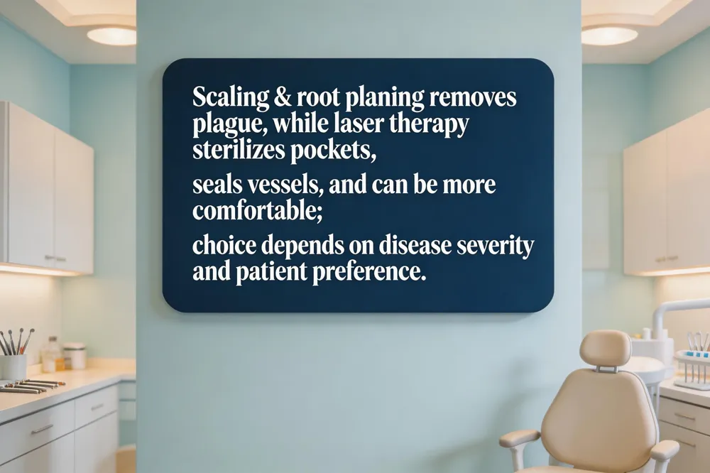 Scaling & root planing removes plaque, while laser therapy sterilizes pockets, seals vessels, and can be more comfortable; choice depends on disease severity and patient preference.