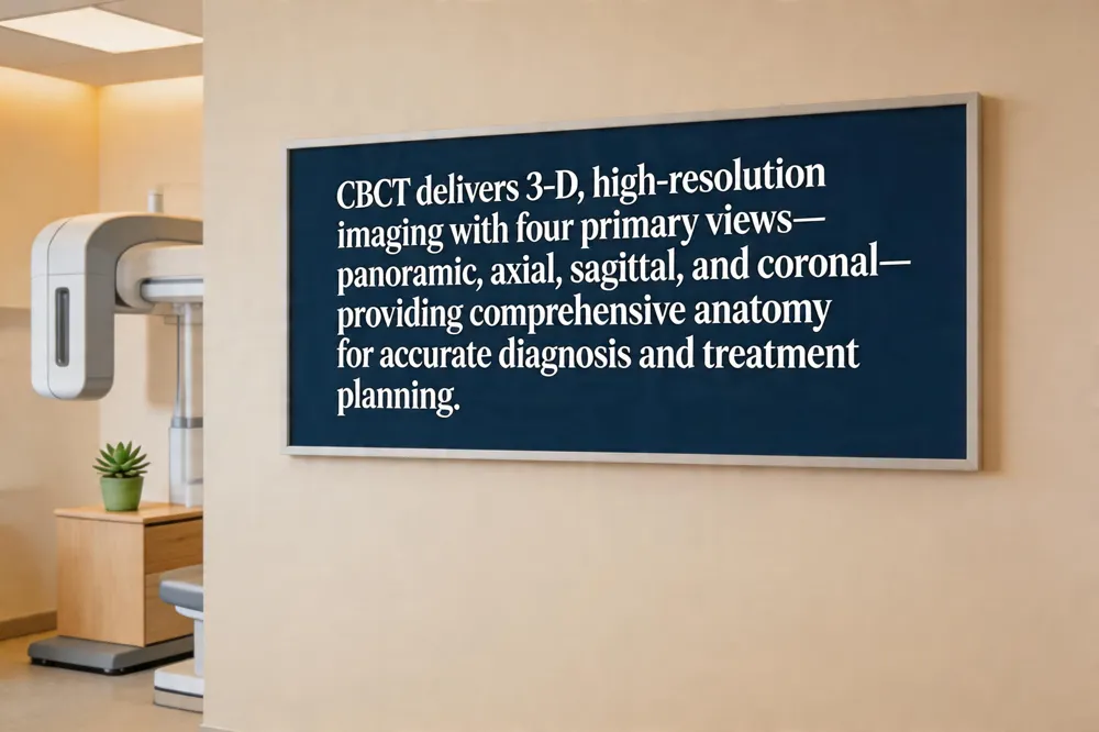 CBCT delivers 3‑D, high‑resolution imaging with four primary views—panoramic, axial, sagittal, and coronal—providing comprehensive anatomy for accurate diagnosis and treatment planning.