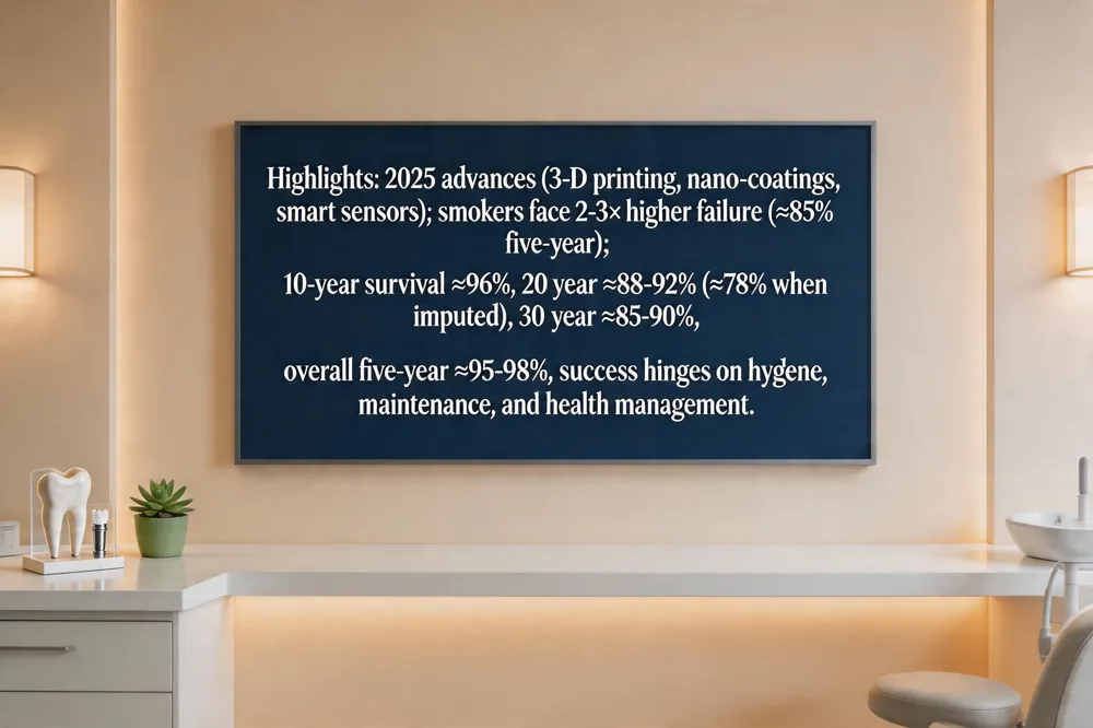 Highlights: 2025 advances (3‑D printing, nano‑coatings, smart sensors); smokers face 2‑3× higher failure (≈85 % five‑year); 10‑year survival ≈96 %; 20‑year ≈88‑92 % (≈78 % when imputed); 30‑year ≈85‑90 %; overall five‑year ≈95‑98 %; success hinges on hygiene, maintenance, and health management.