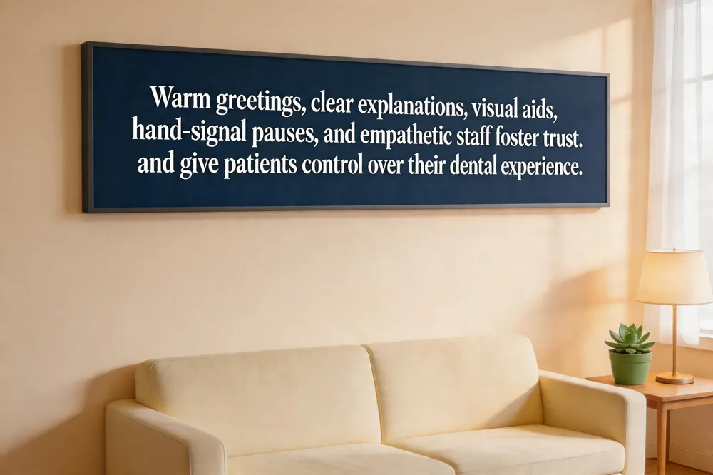 Warm greetings, clear explanations, visual aids, hand‑signal pauses, and empathetic staff foster trust and give patients control over their dental experience.
