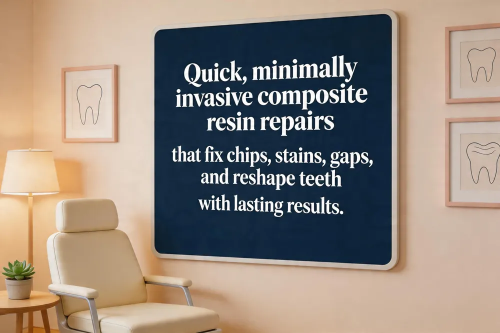Quick, minimally invasive composite resin repairs that fix chips, stains, gaps, and reshape teeth with lasting results.