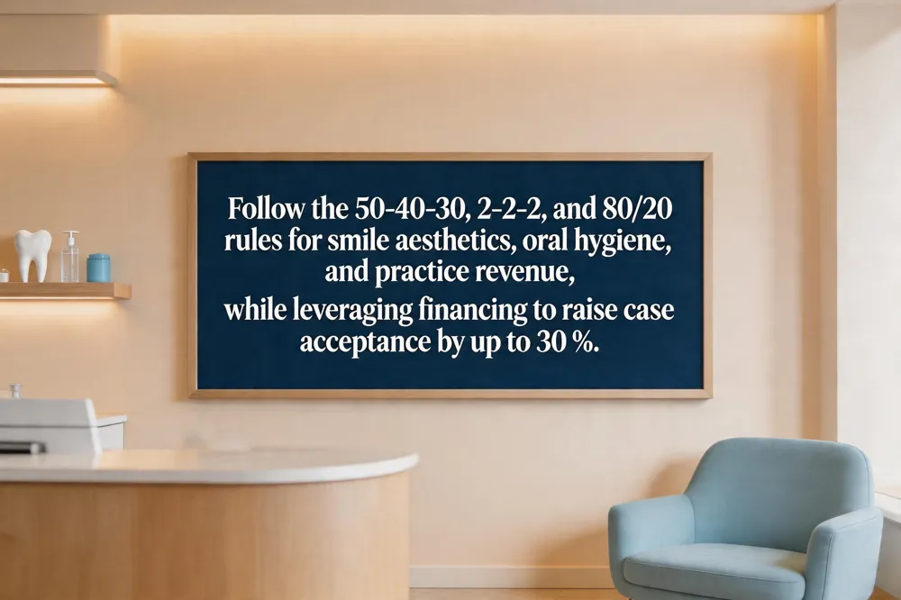 Follow the 50‑40‑30, 2‑2‑2, and 80/20 rules for smile aesthetics, oral hygiene, and practice revenue, while leveraging financing to raise case acceptance by up to 30 %.