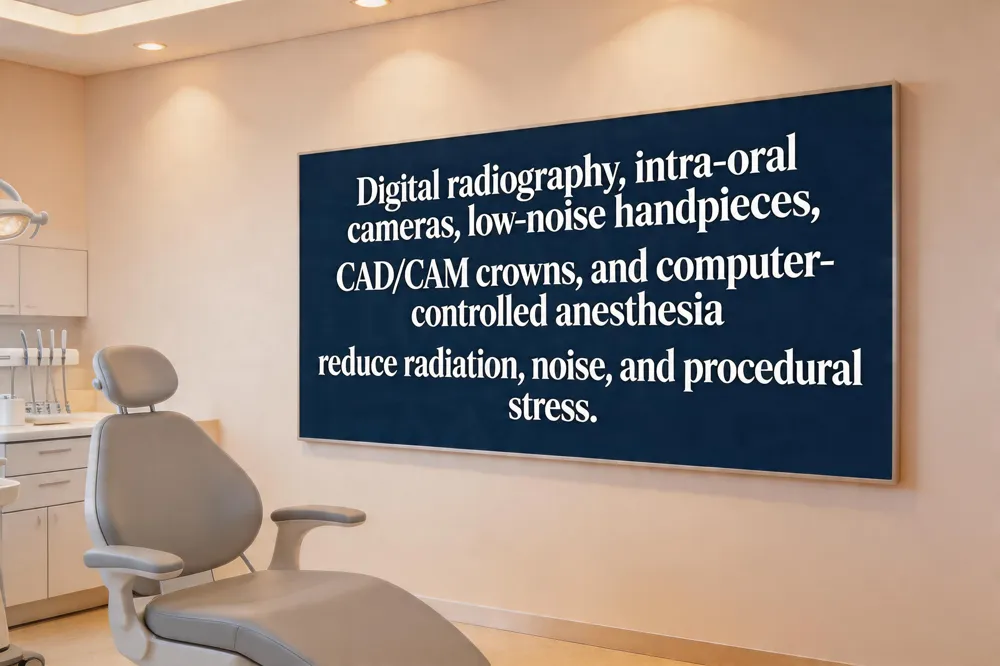 Digital radiography, intra‑oral cameras, low‑noise handpieces, CAD/CAM crowns, and computer‑controlled anesthesia reduce radiation, noise, and procedural stress.