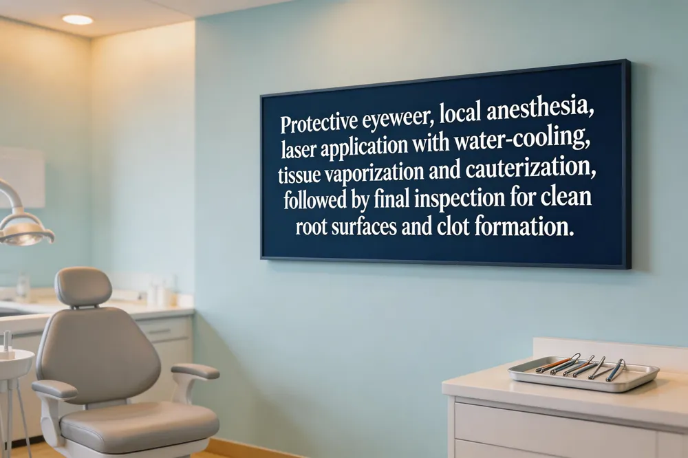 Protective eyewear, local anesthesia, laser application with water‑cooling, tissue vaporization and cauterization, followed by final inspection for clean root surfaces and clot formation.