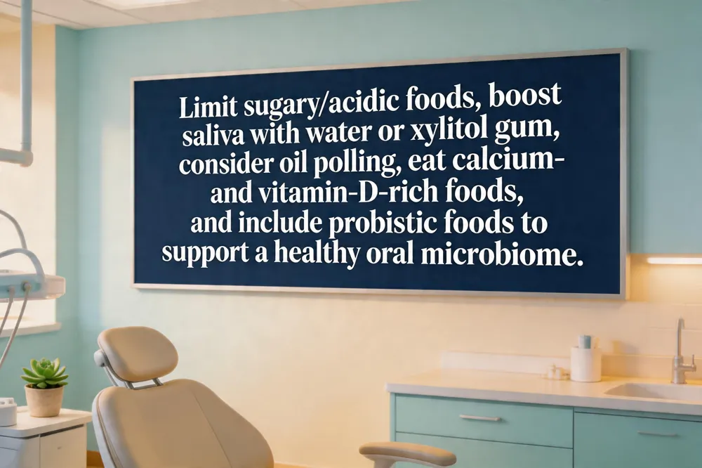 Limit sugary/acidic foods, boost saliva with water or xylitol gum, consider oil pulling, eat calcium‑ and vitamin‑D‑rich foods, and include probiotic foods to support a healthy oral microbiome.