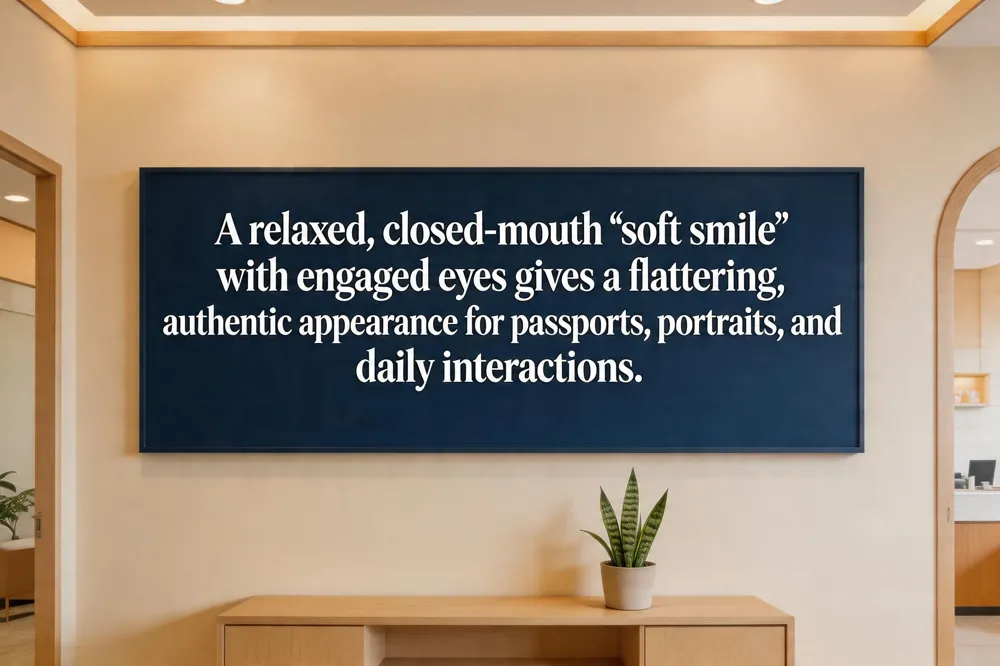 A relaxed, closed‑mouth ‘soft smile’ with engaged eyes gives a flattering, authentic appearance for passports, portraits, and daily interactions.