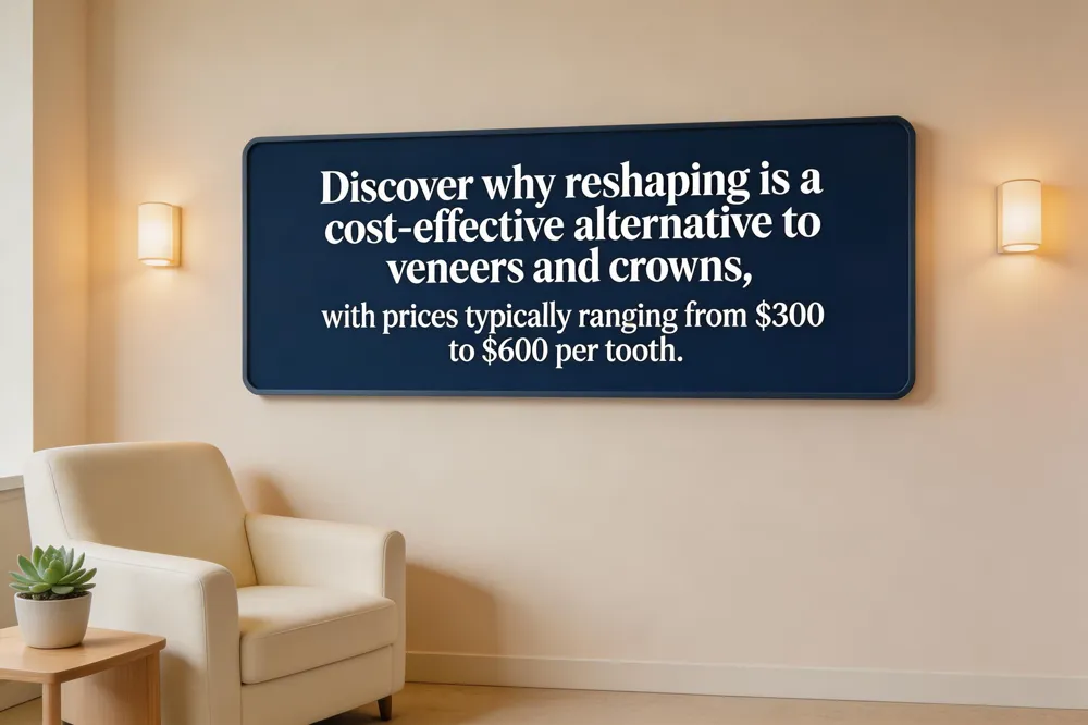 Discover why reshaping is a cost‑effective alternative to veneers and crowns, with prices typically ranging from $300 to $600 per tooth.