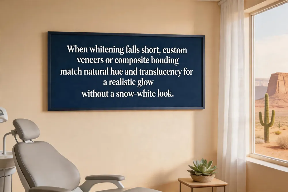 When whitening falls short, custom veneers or composite bonding match natural hue and translucency for a realistic glow without a snow‑white look.