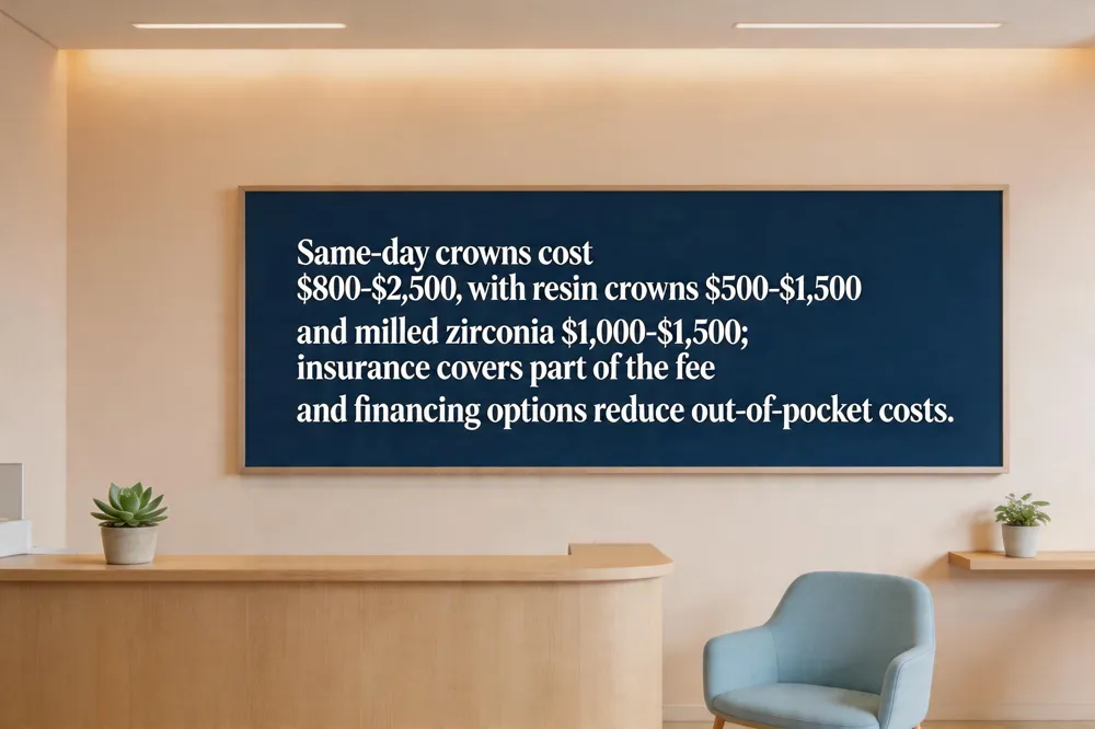 Same‑day crowns cost $800‑$2,500, with resin crowns $500‑$1,500 and milled zirconia $1,000‑$1,500; insurance covers part of the fee and financing options reduce out‑of‑pocket costs.