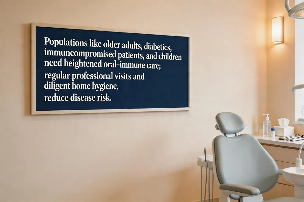 Populations like older adults, diabetics, immunocompromised patients, and children need heightened oral‑immune care; regular professional visits and diligent home hygiene reduce disease risk.
