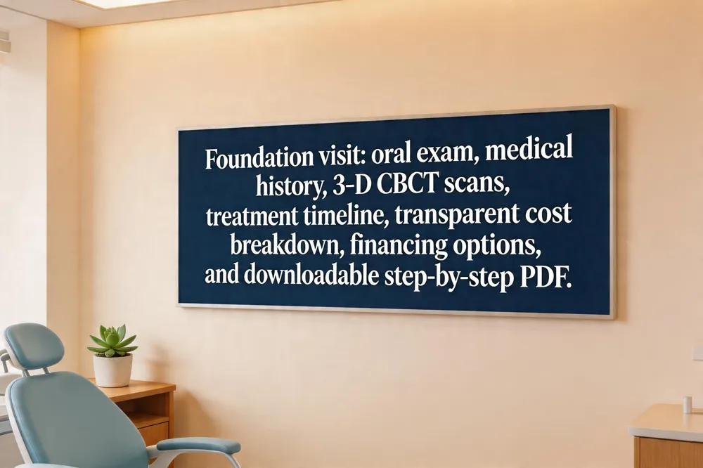 Foundation visit: oral exam, medical history, 3‑D CBCT scans, treatment timeline, transparent cost breakdown, financing options, and downloadable step‑by‑step PDF.