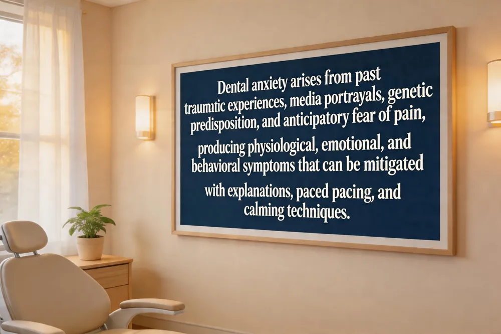 Dental anxiety arises from past traumatic experiences, media portrayals, genetic predisposition, and anticipatory fear of pain, producing physiological, emotional, and behavioral symptoms that can be mitigated with explanations, paced pacing, and calming techniques.