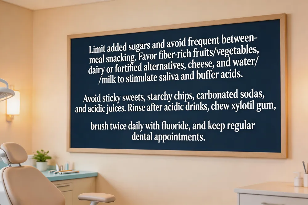 Limit added sugars and avoid frequent between‑meal snacking. Favor fiber‑rich fruits/vegetables, dairy or fortified alternatives, cheese, and water/milk to stimulate saliva and buffer acids. Avoid sticky sweets, starchy chips, carbonated sodas, and acidic juices. Rinse after acidic drinks, chew xylitol gum, brush twice daily with fluoride, and keep regular dental appointments.