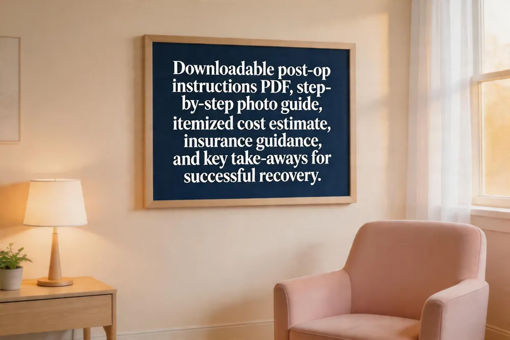 Downloadable post‑op instructions PDF, step‑by‑step photo guide, itemized cost estimate, insurance guidance, and key take‑aways for successful recovery.