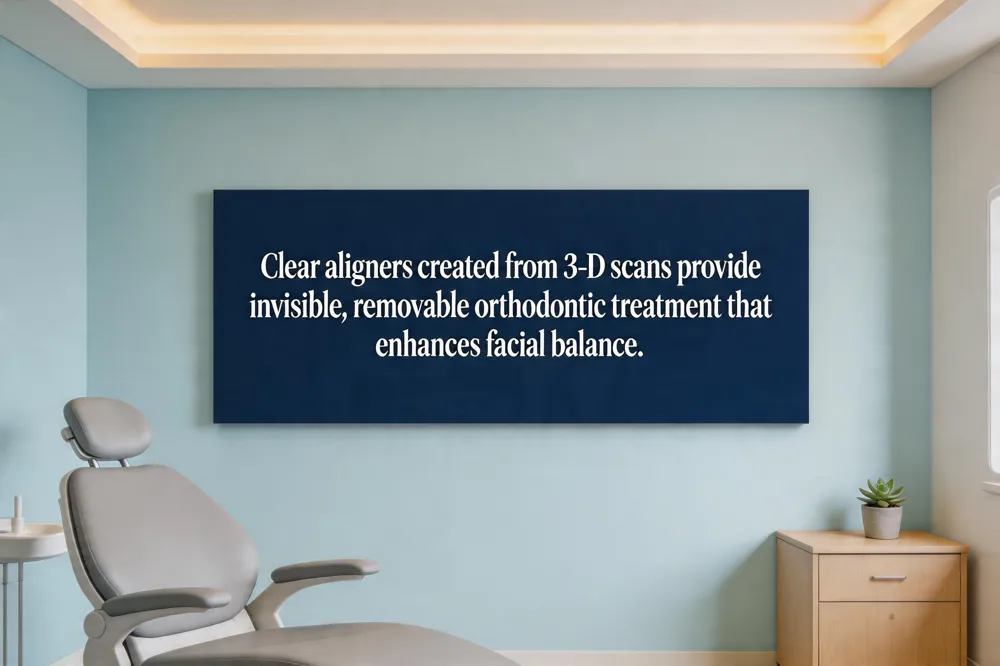 Clear aligners created from 3‑D scans provide invisible, removable orthodontic treatment that enhances facial balance.