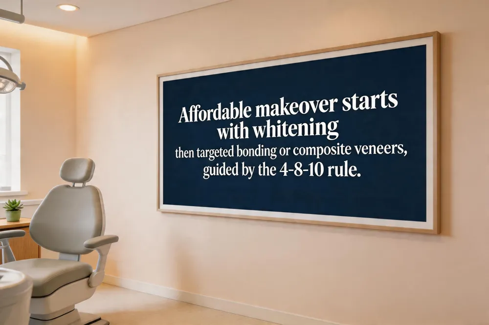 Affordable makeover starts with whitening then targeted bonding or composite veneers, guided by the 4‑8‑10 rule.