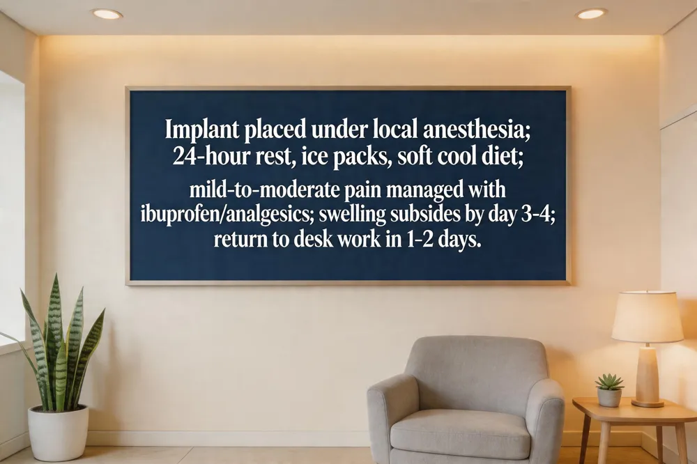 Implant placed under local anesthesia; 24‑hour rest, ice packs, soft cool diet; mild‑to‑moderate pain managed with ibuprofen/analgesics; swelling subsides by day 3‑4; return to desk work in 1‑2 days.