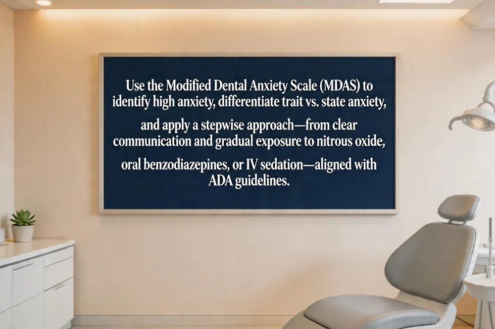 Use the Modified Dental Anxiety Scale (MDAS) to identify high anxiety, differentiate trait vs. state anxiety, and apply a stepwise approach—from clear communication and gradual exposure to nitrous oxide, oral benzodiazepines, or IV sedation—aligned with ADA guidelines.