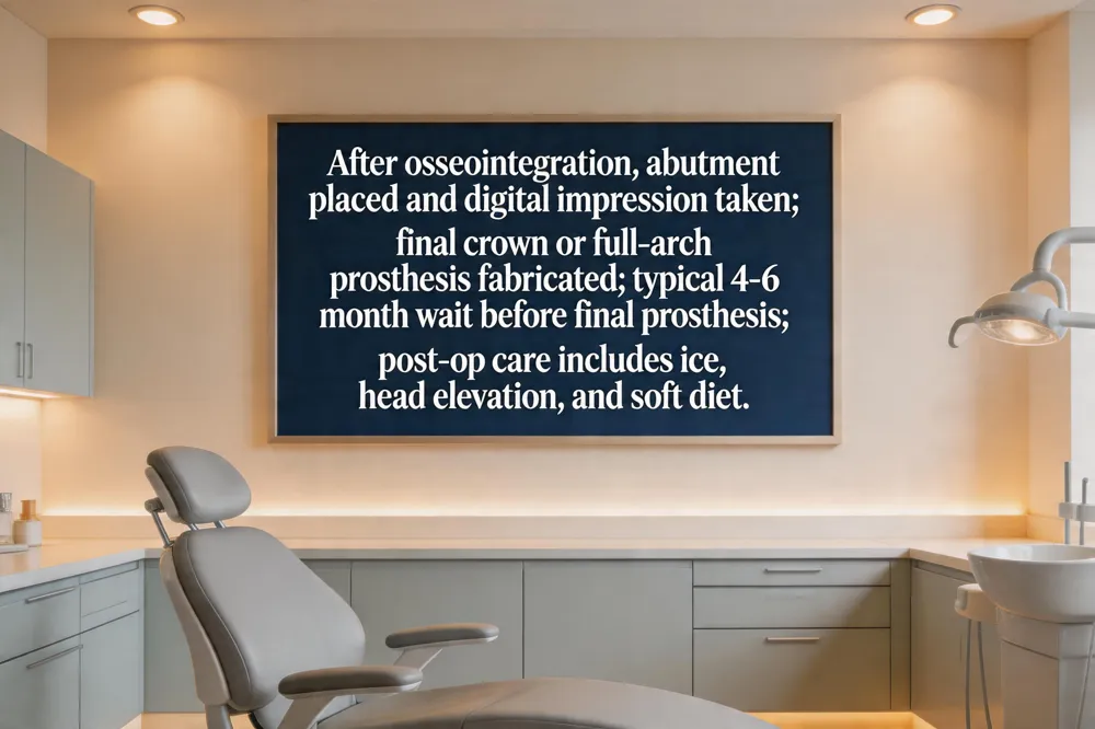 After osseointegration, abutment placed and digital impression taken; final crown or full‑arch prosthesis fabricated; typical 4‑6 month wait before final prosthesis; post‑op care includes ice, head elevation, and soft diet.