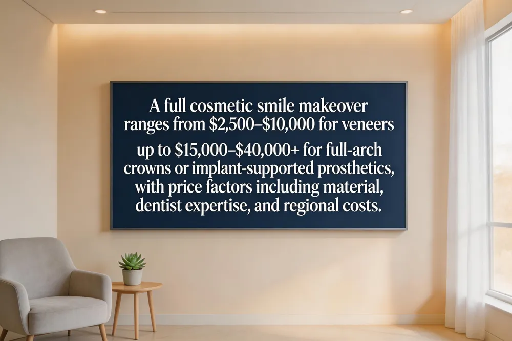 A full cosmetic smile makeover ranges from $2,500–$10,000 for veneers up to $15,000–$40,000+ for full‑arch crowns or implant‑supported prosthetics, with price factors including material, dentist expertise, and regional costs.