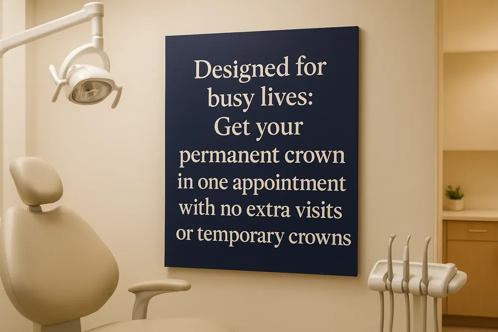 Designed for busy lives: Get your permanent crown in one appointment with no extra visits or temporary crowns.