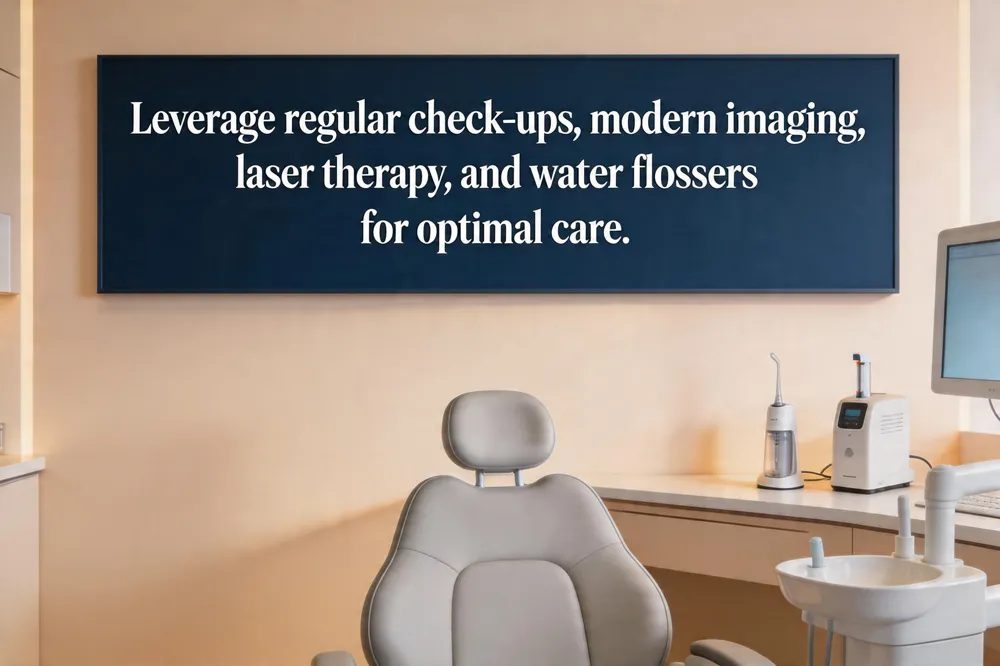Leverage regular check‑ups, modern imaging, laser therapy, and water flossers for optimal care.