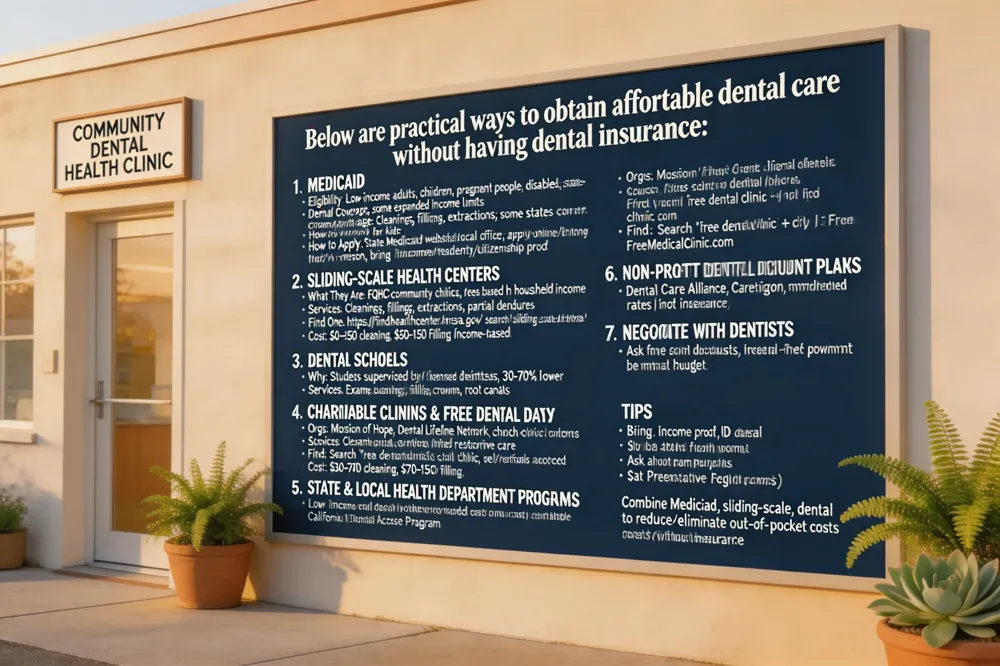 Explore Medicaid, sliding‑scale health centers, dental schools, and charitable clinics to secure affordable dental care without insurance.