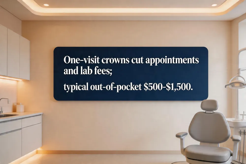One‑visit crowns cut appointments and lab fees; typical out‑of‑pocket $500‑$1,500.