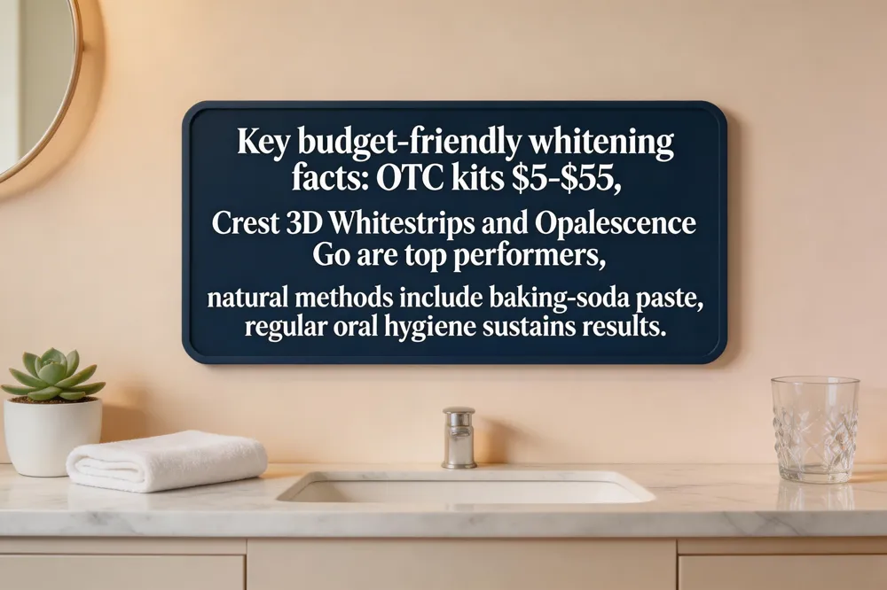 Key budget‑friendly whitening facts: OTC kits $5‑$55, Crest 3D Whitestrips and Opalescence Go are top performers, natural methods include baking‑soda paste, and regular oral hygiene sustains results.
