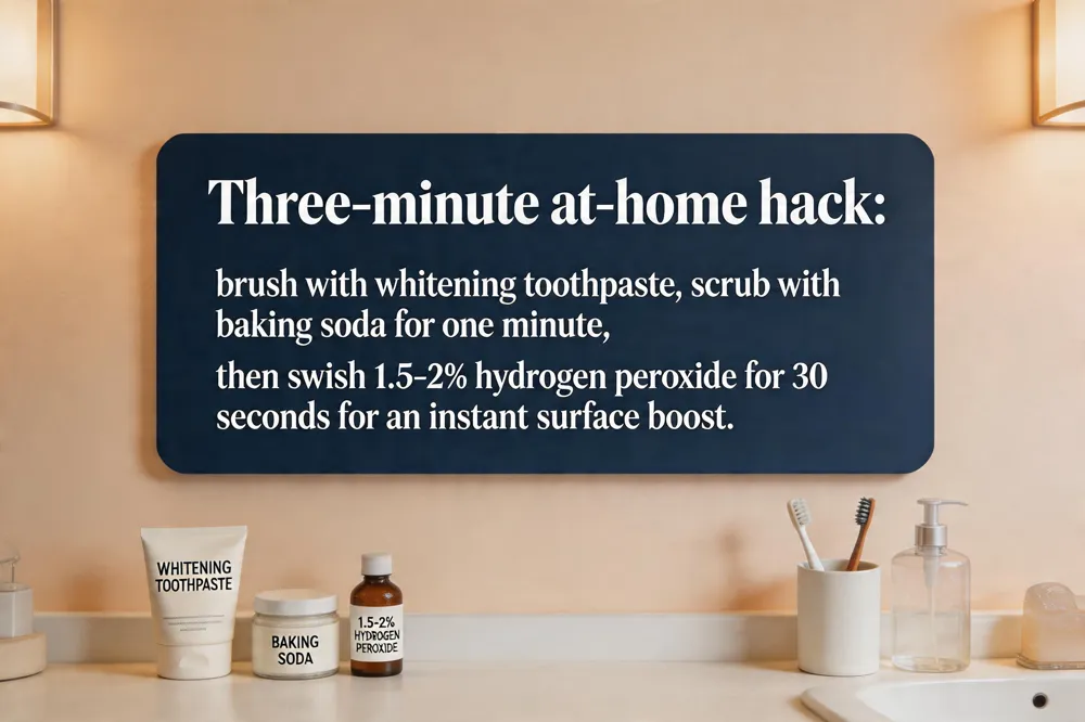 Three‑minute at‑home hack: brush with whitening toothpaste, scrub with baking soda for one minute, then swish 1.5‑2% hydrogen peroxide for 30 seconds for an instant surface boost.