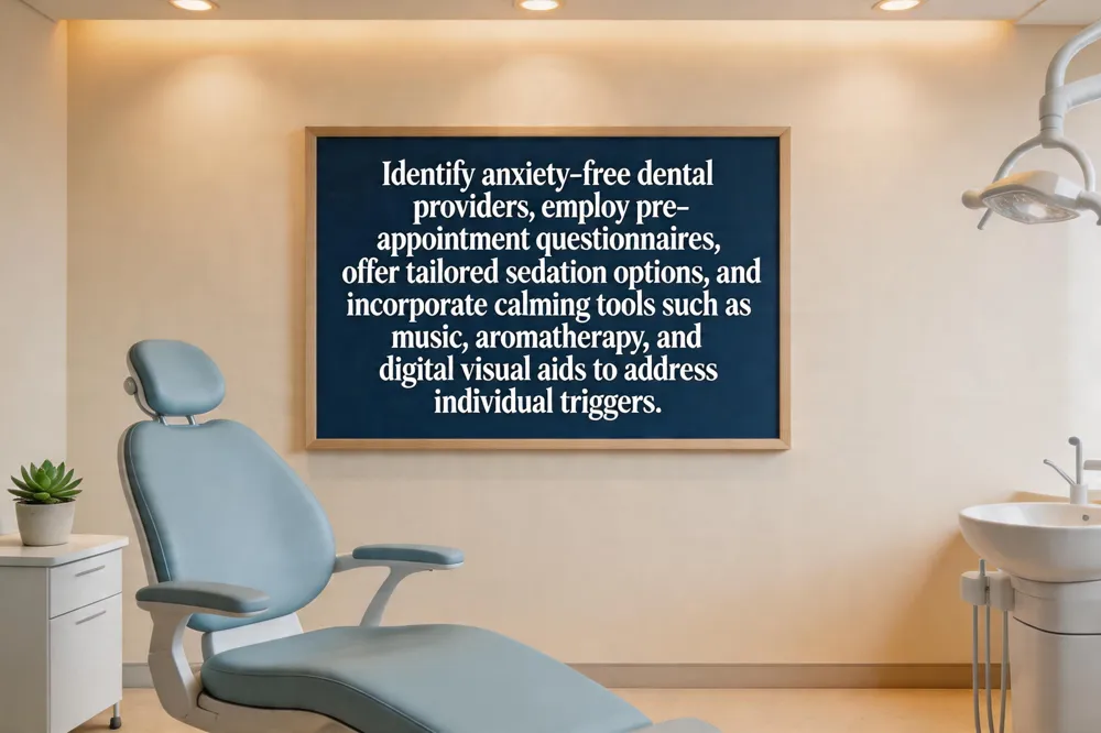 Identify anxiety‑free dental providers, employ pre‑appointment questionnaires, offer tailored sedation options, and incorporate calming tools such as music, aromatherapy, and digital visual aids to address individual triggers.