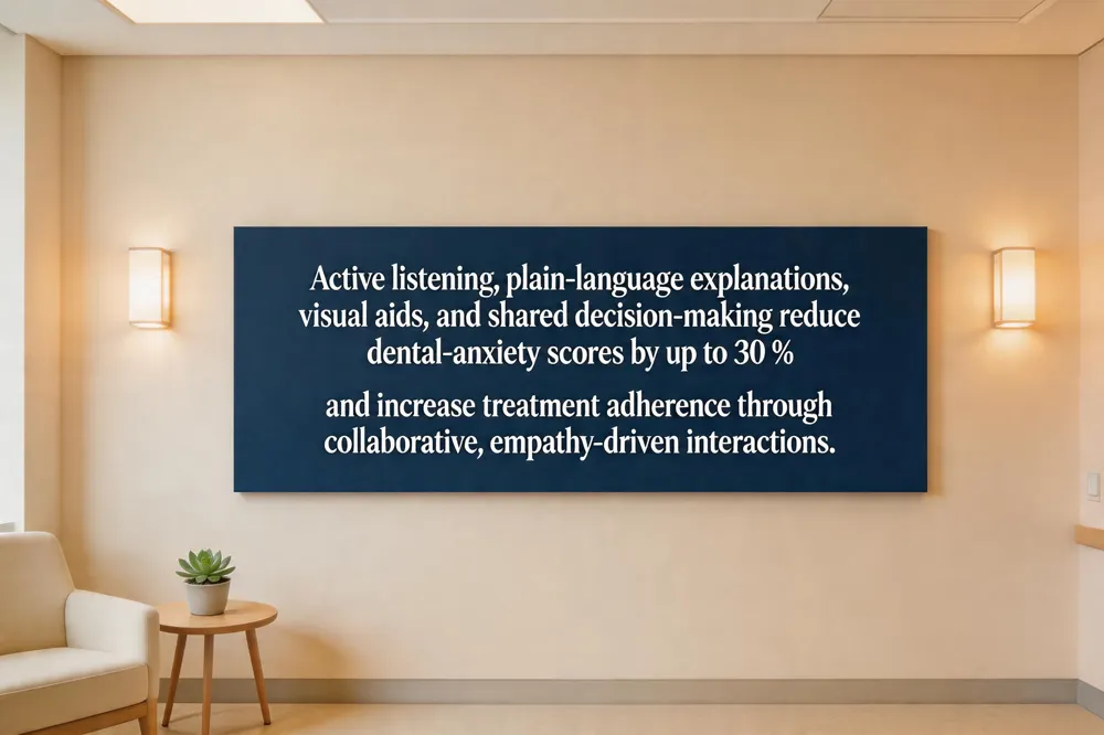 Active listening, plain‑language explanations, visual aids, and shared decision‑making reduce dental‑anxiety scores by up to 30 % and increase treatment adherence through collaborative, empathy‑driven interactions.