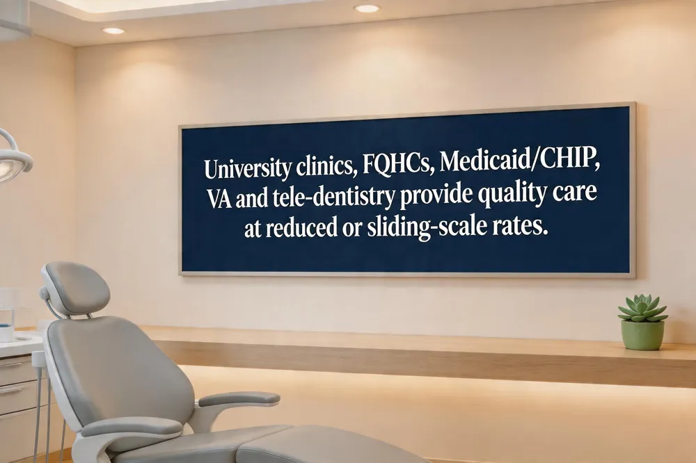 University clinics, FQHCs, Medicaid/CHIP, VA and and tele‑dentistry provide quality care at reduced or sliding‑scale rates.