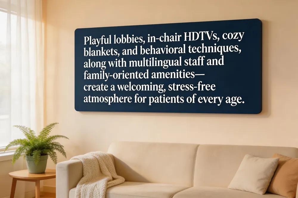 Playful lobbies, in‑chair HDTVs, cozy blankets, and behavioral techniques,along with multilingual staff and family‑oriented amenities—create a welcoming, stress‑free atmosphere for patients of every age.