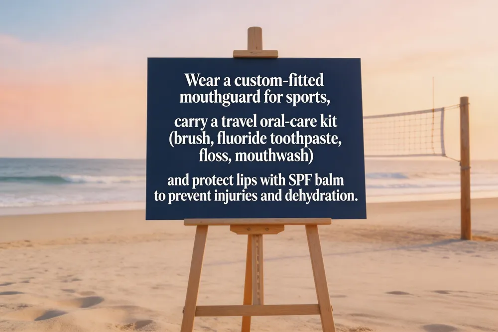 Wear a custom‑fitted mouthguard for sports, carry a travel oral‑care kit (brush, fluoride toothpaste, floss, mouthwash), and protect lips with SPF balm to prevent injuries and dehydration.