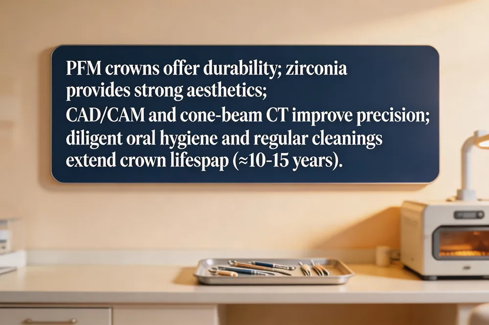 PFM crowns offer durability; zirconia provides strong aesthetics; CAD/CAM and cone‑beam CT improve precision; diligent oral hygiene and regular cleanings extend crown lifespan (≈10‑15 years).