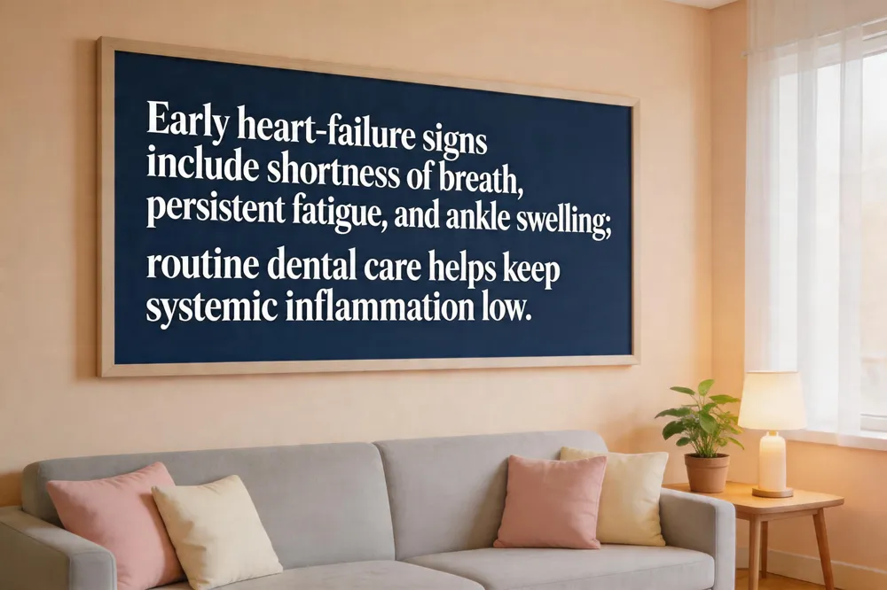 Early heart‑failure signs include shortness of breath, persistent fatigue, and ankle swelling; routine dental care helps keep systemic inflammation low.