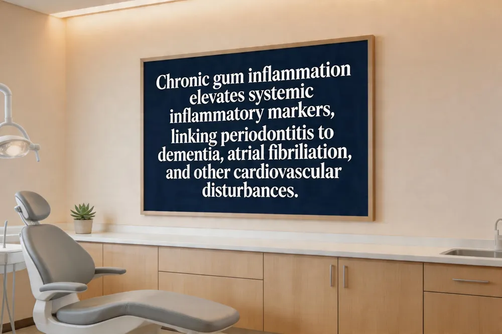 Chronic gum inflammation elevates systemic inflammatory markers, linking periodontitis to dementia, atrial fibrillation, and other cardiovascular disturbances.