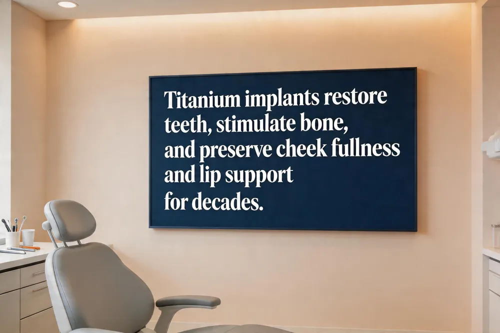 Titanium implants restore teeth, stimulate bone, and preserve cheek fullness and lip support for decades.
